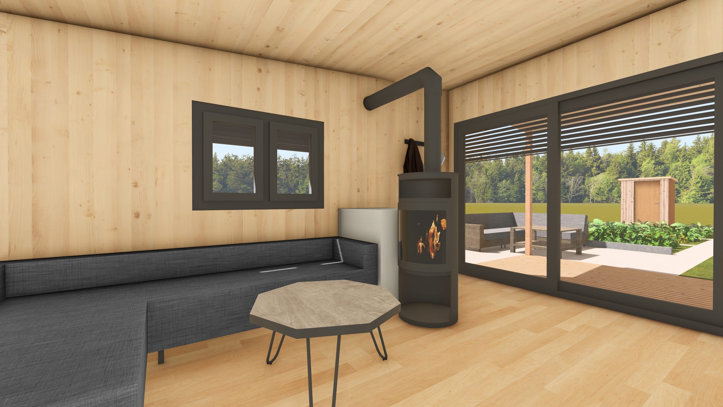 Wohnraum eines modularen Holzhauses mit Sichtholzwänden und Schwedenofen